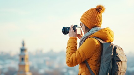 Obraz premium Enthusiastic winter traveler captures scenic cityscape view woman photographer with camera and backpack enjoys outdoor adventure, exploring new places