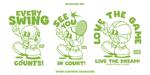 Funny cartoon character of sport ball. Can be used as Sticker, posters, prints. Retro cartoon style. Vector illustration