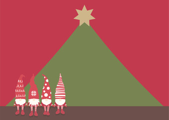 クリスマスツリーの前で座る北欧の妖精トムテをあしらったクリスマス用背景ベクターイラスト