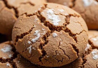 Fototapeta premium Freshly baked crunchy cookies with cracked sugar topping closeup, isolated on white background