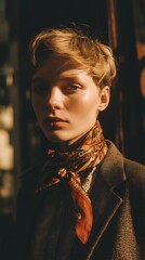 Elegant Portrait of a Young Woman with Stylish Scarf in Soft Light