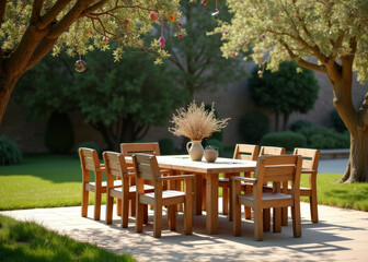 Wooden table and chair set for dining in a beautiful garden