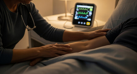 Caring medical professional providing compassionate bedside support to a sick patient in a hospital room with a vital signs monitor