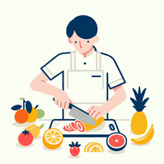 Cartoon illustration of a man cutting fruit