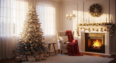 A beautifully decorated Christmas tree and a cozy fireplace create a warm and inviting holiday atmosphere in a sunlit room.