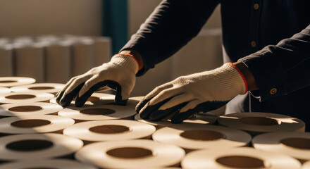 Worker with protective gloves organizes rolls in sunlight on production table in modern industrial factory setting, focusing on efficiency and quality control