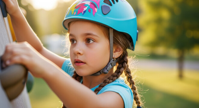 Focused young girl with blue helmet and twin braids climbs outdoor rock wall at adventure park during sunny summer day