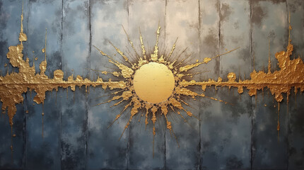 The Power of the Sun, a grey and gold painting on a plaster wall