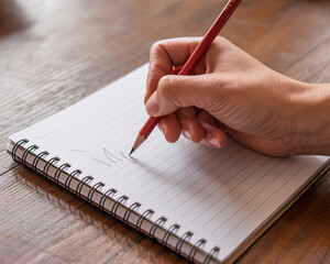 Person's hand writing with red pencil on lined notepad, capturing creative ideas and thoughts on wooden table, ideal for brainstorming and design