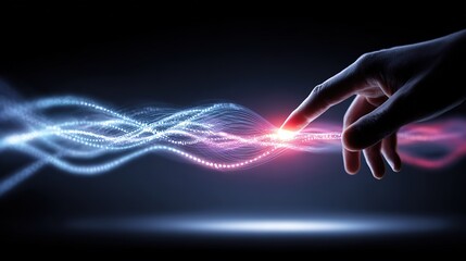 Finger Touching Colorful Glowing Waveform: Tech Interaction Scene
