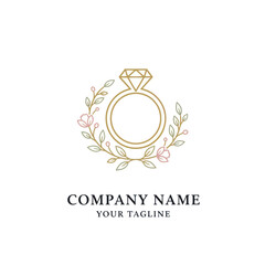 Elegant Diamond Ring with Floral Wreath Logo Design.