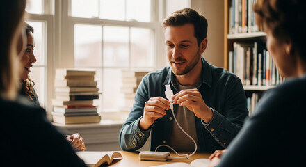 Group of diverse university students collaborating on a project in the library, a young man explains something while holding a charger