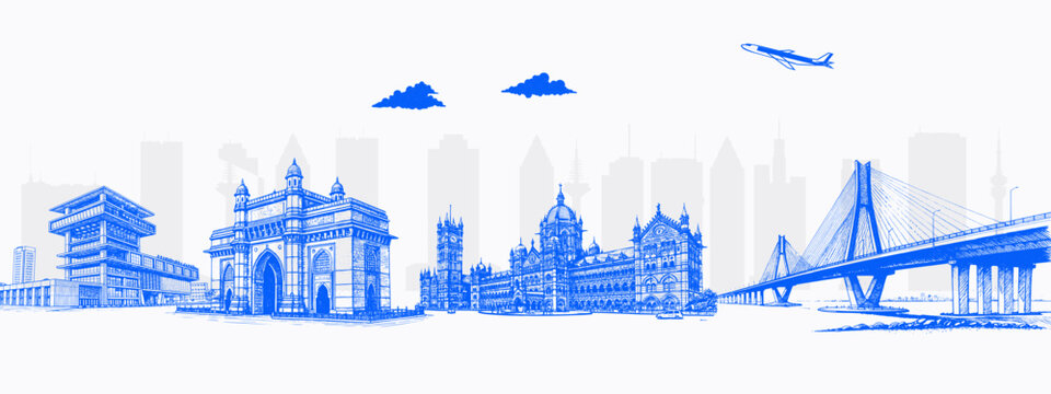 Mumbai Skyline with Gateway of India, Marine Drive, and Chhatrapati Shivaji Terminus &ndash; Cultural Travel Tourism Concept &ndash; Ideal for Cityscape Prints, Travel Blogs, and Promotional Use