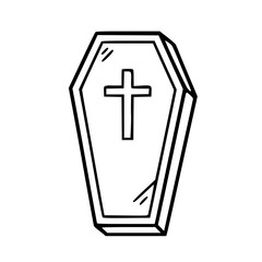 Fototapeta premium Coffin with Cross Halloween Illustration in Simple Doodle Outline