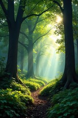 Obraz premium Sunlight Dapples Ancient Forest Floor, Lush Wilderness Scene, Tranquil Nature Photography