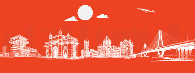Mumbai Skyline Art with Gateway of India, CST Station, and Marine Drive &ndash; Perfect for Travel Posters, Tourism Promotions, and Editorial Features