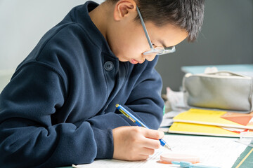 Young boy wearing glasses writing on paper in study environment