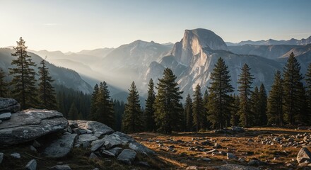 Yosemite Valley Landscape at Sunrise: A majestic vista of Yosemite Valley unfolds, bathed in the soft glow of the sunrise, with towering granite cliffs, lush pine trees.