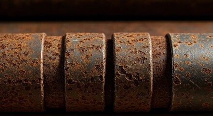 Rusted Metal: A close-up showcases weathered and corroded metal rings, displaying the effects of time and environment on its surface. 