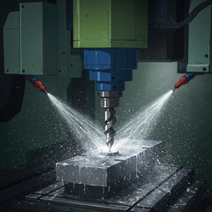 Obraz premium Industrial Precision: A close-up view of an industrial drill press in action, meticulously carving into a metal block with powerful precision, showing the manufacturing process.
