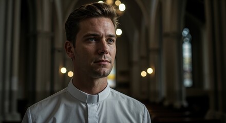 Reverend's Contemplation: In a serene church setting, a reverend stands with a look of introspection, conveying deep thought and spiritual reflection amid architectural beauty and soft lighting.
