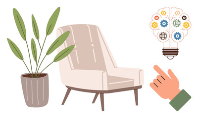 Fototapeta premium Armchair next to potted plant, hand gestures towards a bulb filled with colorful gears, representing innovation, creativity, and comfort. Ideal for creativity, innovation, relaxation, design