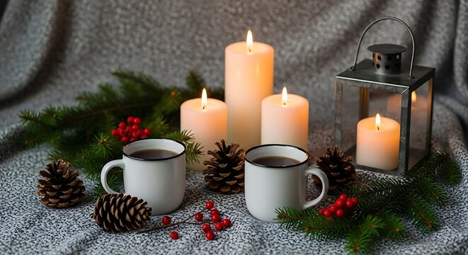 Cozy Christmas setting with candles and mugs on a festive background.