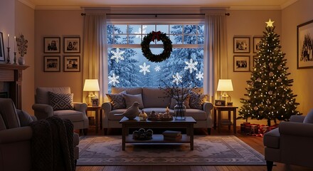 Cozy living room decorated for Christmas with a decorated tree and a snowy view outside the window.