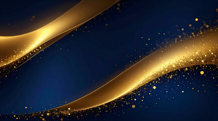 Luxurious abstract background featuring elegant golden waves and sparkling glitter particles on a deep blue canvas for a festive celebration