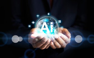 Humans holding globe and icon AI, helping them create, code, train AI, or analyze big data with fast, Global cutting-edge technology