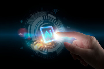 Creative artificial Intelligence icon ai on blurry cityscape background