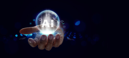 Hand holding AI symbol surrounded by digital icons. AI icons in a digital interface, symbolizing innovation, automation, machine learning, data processing