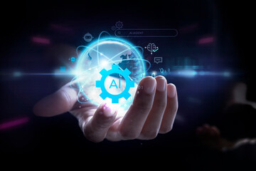 Hand holding a virtual interface Ai and global business with Ai agents icons. Automation digital transformation