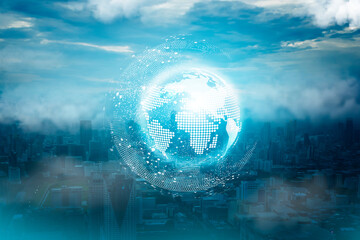 AI icon on blurry night city and machine learning concept with cityscape background