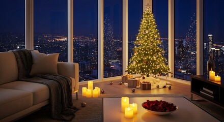 A beautifully decorated Christmas tree illuminates a modern apartment living room with city lights twinkling outside the large windows at night.