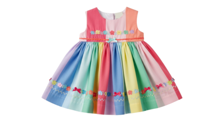 Colorful rainbow dress for girl isolated on transparent background, featuring stripes and decorative flower accents