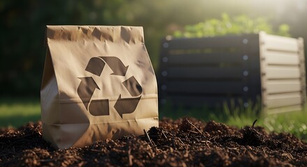 Recycling bag with compost symbol in sunny garden setting