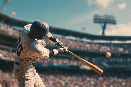 A baseball player swings his bat at a ball in a stadium - Powered by Adobe