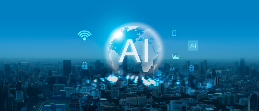 Global with ai icon, wireless network connection banner and city scape concept. Technology and artificial intelligence, machine learning concept