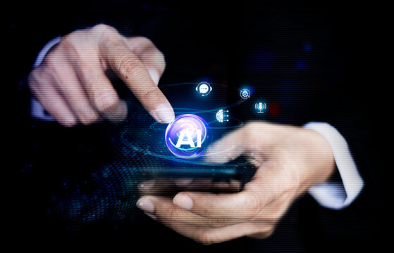 AI agent mobile interface showing user interacting with smartphone, symbolizing artificial intelligence integration, smart assistant, data analysis