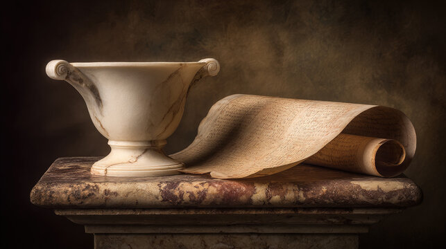 scroll. A classical kylix cup and an open scroll on a weathered marble pedestal. event programs, museum guides, designed for cultural heritage projects and event programs, supports education.
