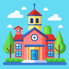 Naklejka premium Colorful flat design illustration of a modern hospital building with trees and clouds