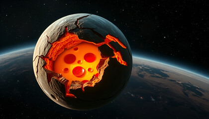 Planet Earth Cracking Open to Reveal Fiery Lava Core, Apocalyptic Cosmic Destruction Scene