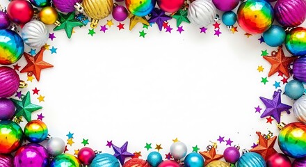 A festive border of colorful Christmas ornaments and star-shaped confetti on a white background.
