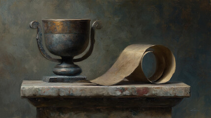 scroll. A classical kylix cup and an open scroll on a weathered marble pedestal. event programs, museum guides, designed for cultural heritage projects and event programs, supports education.