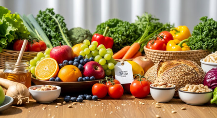 Healthy eating concept featuring a diverse selection of fresh market produce, whole foods, and vibrant ingredients for balanced nutrition