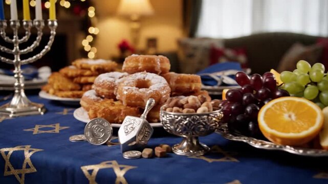 A festive Hanukkah table setting with a menorah, sufganiyot, fruit, and dreidels.