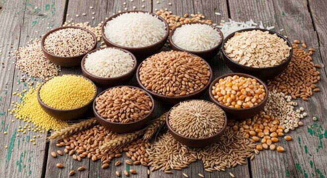 Assortment of grains, seeds, and corn kernels in bowls. - Powered by Adobe