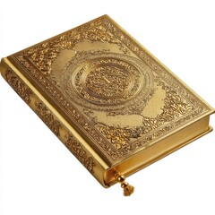 Fototapeta premium Ornate Golden Quran - Intricate Islamic Calligraphy and Decorative Patterns on Holy Book.