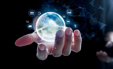 Hand holding virtual global internet connection metaverse. Business global internet connection application technology and digital marketing, Financial and banking